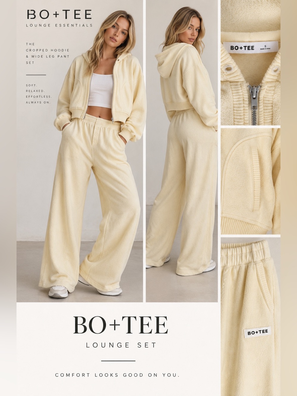 Bo+Tee Butter Yellow Cropped Hoodie & Wide Leg Pants Set in Small